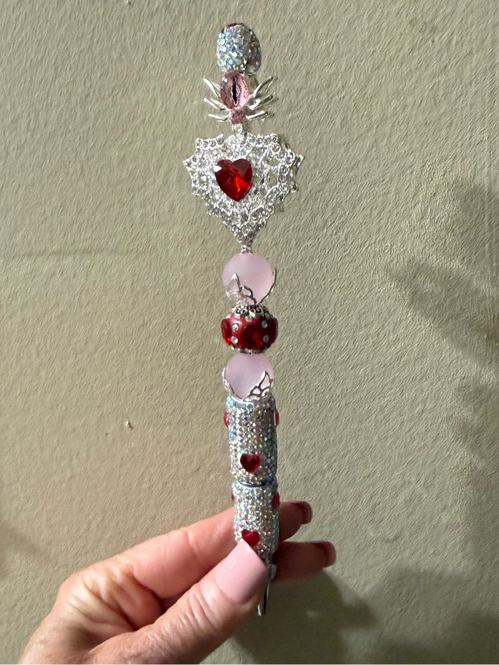 Silver & Pink Heart Drop Pendant with Red Crystal Accents